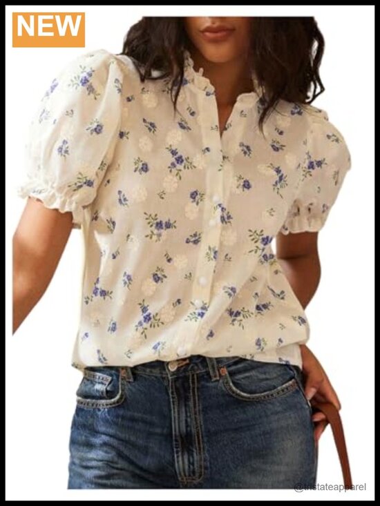 Tops - Boho Floral Puff Sleeve Peasant Blouse Button Down V Neck